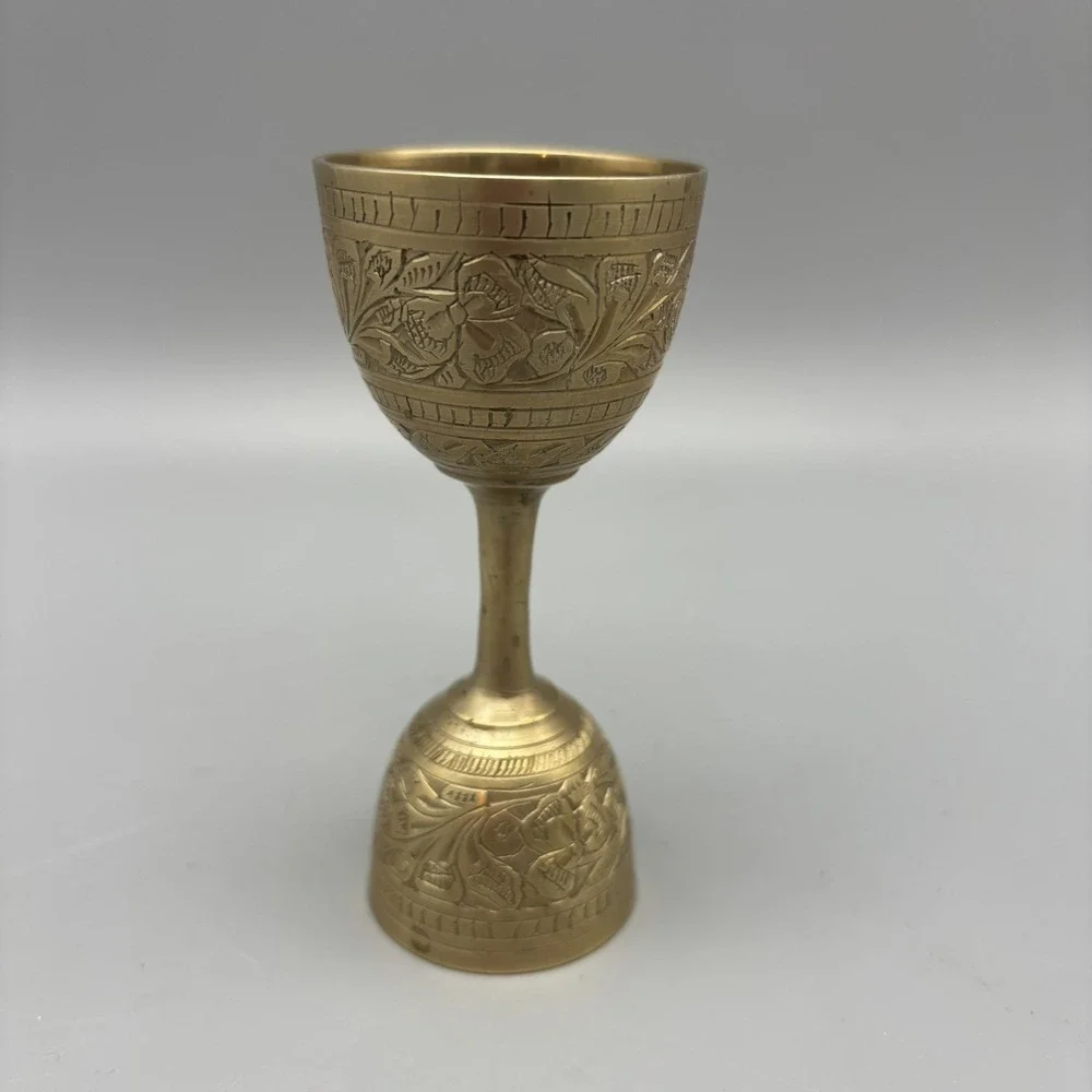 Antique Indian Early 19th Century Brass Double Measuring Cup W/ Intricate Design
